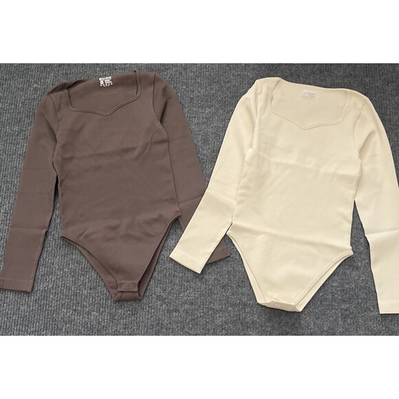 OQQ Two Piece Bodysuits Small Slimming Ribbed One Piece V-Neck Long Sleeve NEW - Picture 3 of 7